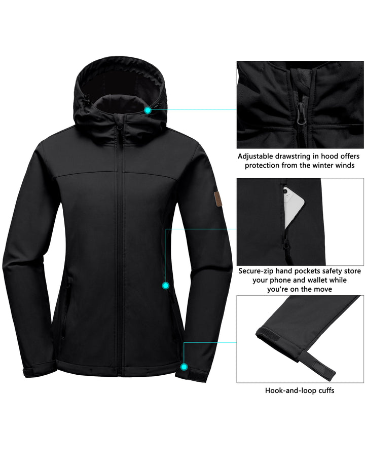 Women's Softshell Jacket Hooded Windproof Fleece Lined Jackets YZF US-DK