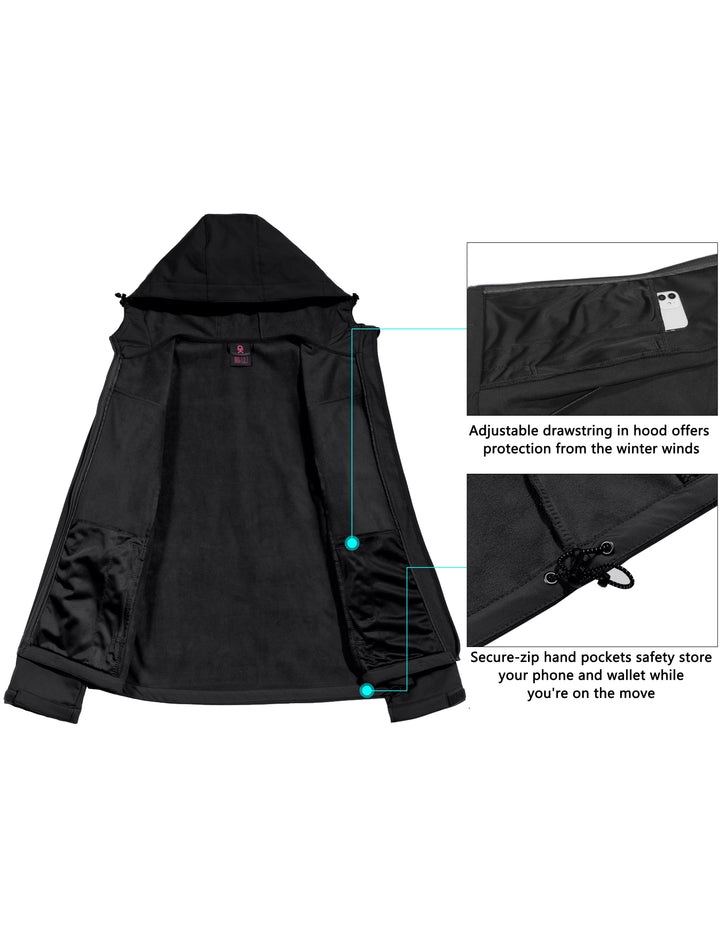 Women's Softshell Jacket Hooded Windproof Fleece Lined Jackets YZF US-DK